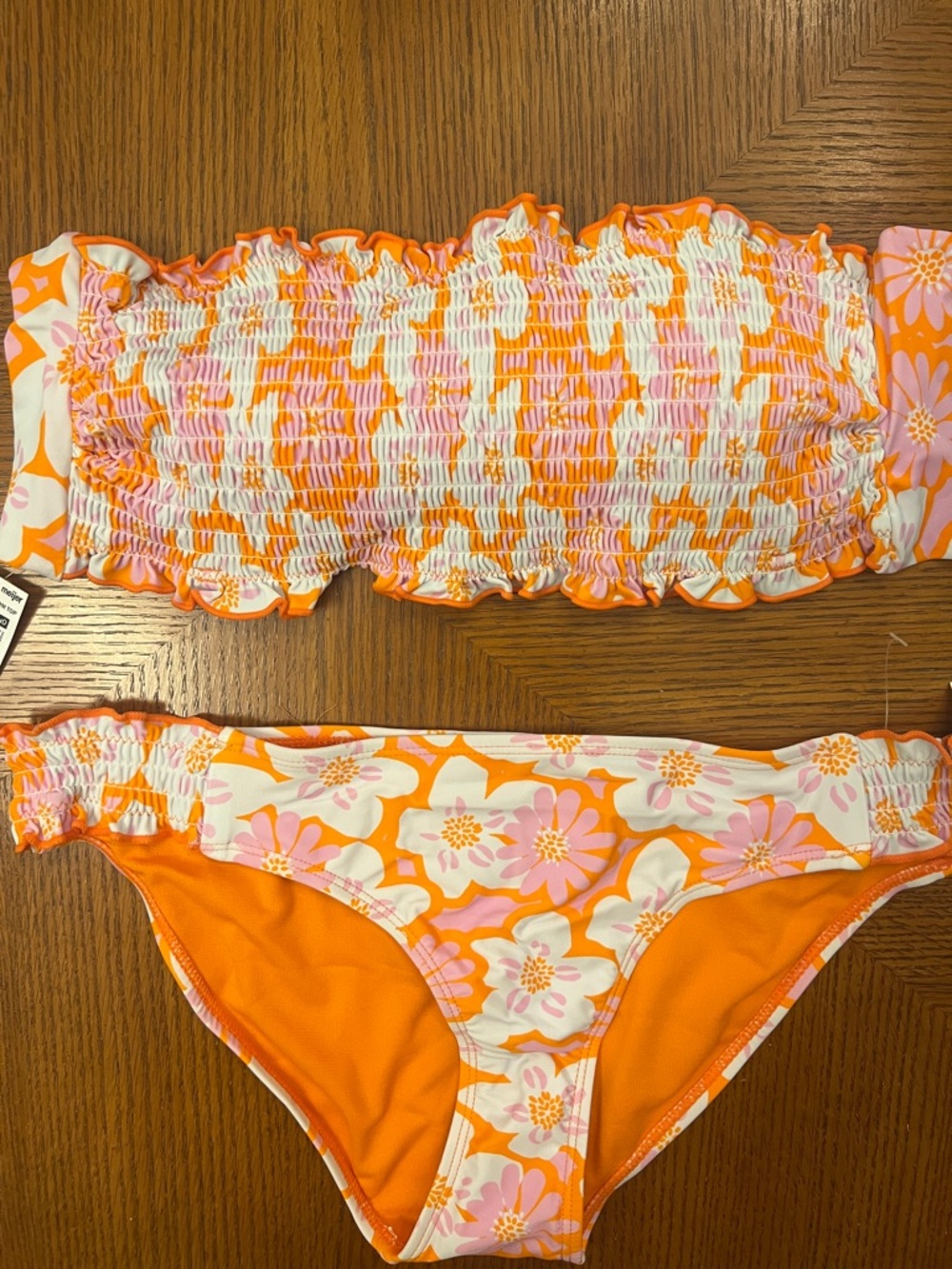 Smocked toe back Floral Two-Piece Bikini Set in Orange & Lavender strapless B19